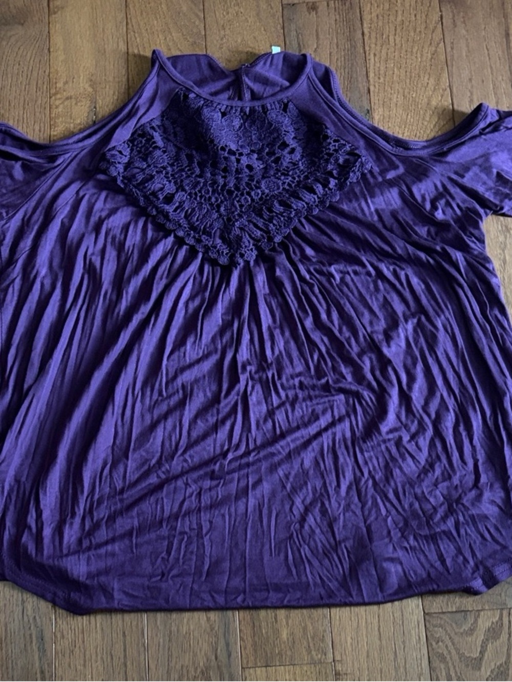 Purple Cold-Shoulder Crochet Yoke Women’s Top